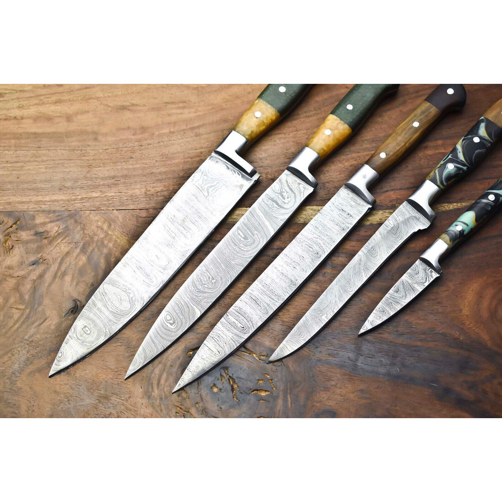 Custom Lot Of 5 Handmade Damascus Steel Chef Knives Hammered Kitchen Knife Set 2