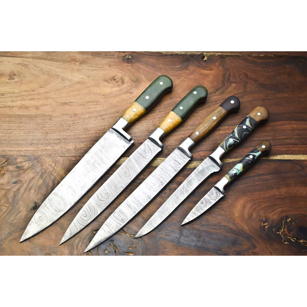 Custom Lot Of 5 Handmade Damascus Steel Chef Knives Hammered Kitchen Knife Set 3