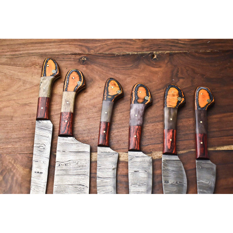Lot Of 6 Handmade Hammered Damascus Steel Chef Knife Set Custom Forged Kitchen Knives 2