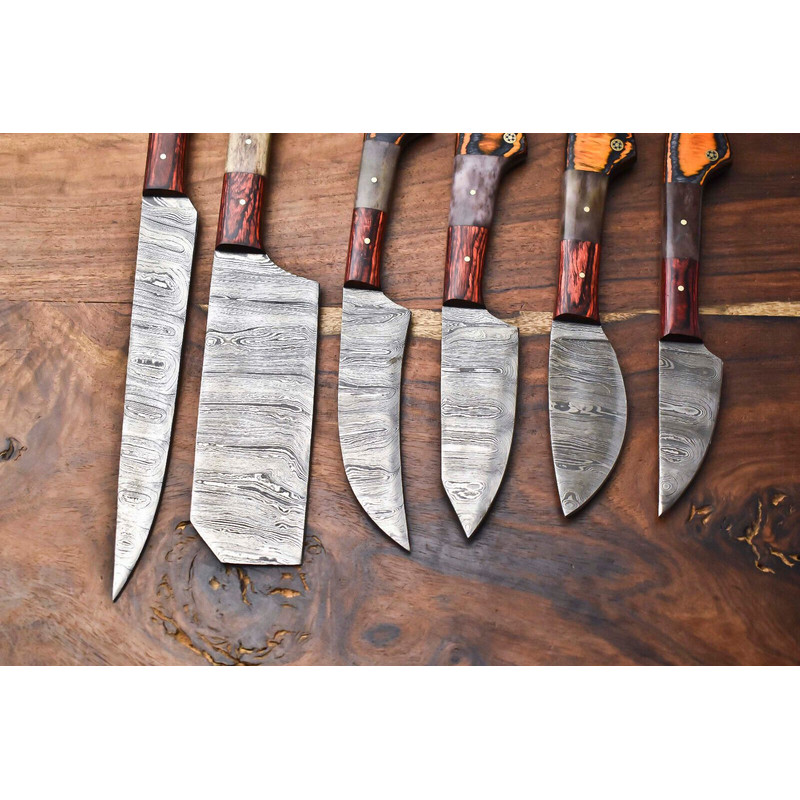 Lot Of 6 Handmade Hammered Damascus Steel Chef Knife Set Custom Forged Kitchen Knives 3