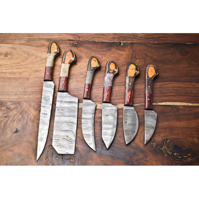 Lot Of 6 Handmade Hammered Damascus Steel Chef Knife Set Custom Forged Kitchen Knives 0