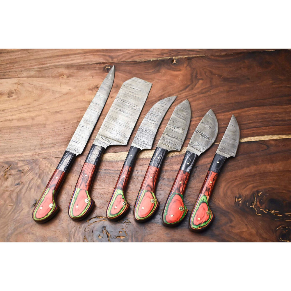 Professional Handmade Damascus Steel Chef Knives Set Of 6 Hammered Blades 1