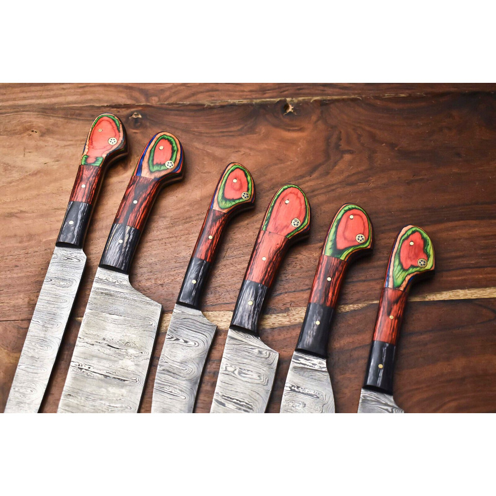 Professional Handmade Damascus Steel Chef Knives Set Of 6 Hammered Blades 2