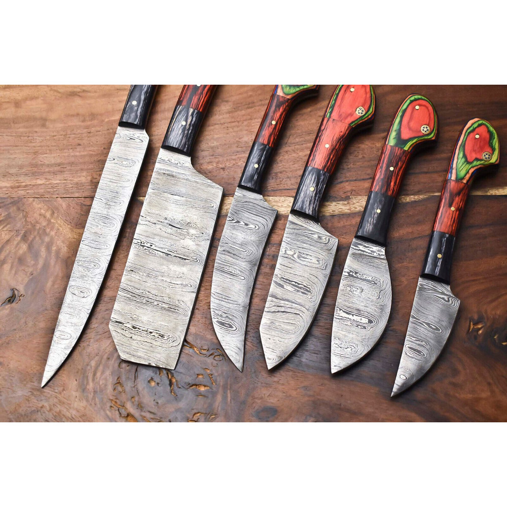 Professional Handmade Damascus Steel Chef Knives Set Of 6 Hammered Blades 3