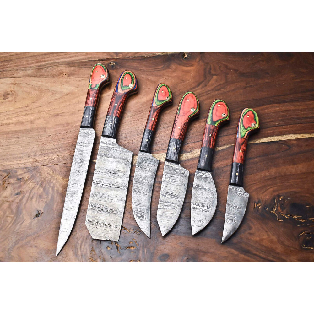 Professional Handmade Damascus Steel Chef Knives Set Of 6 Hammered Blades 0