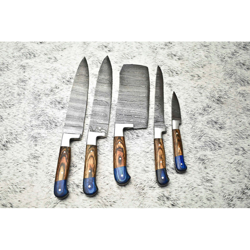 Lot Of 5 Handmade Damascus Steel Chef Knife Set Professional Handmade Kitchen Knives With Leather
