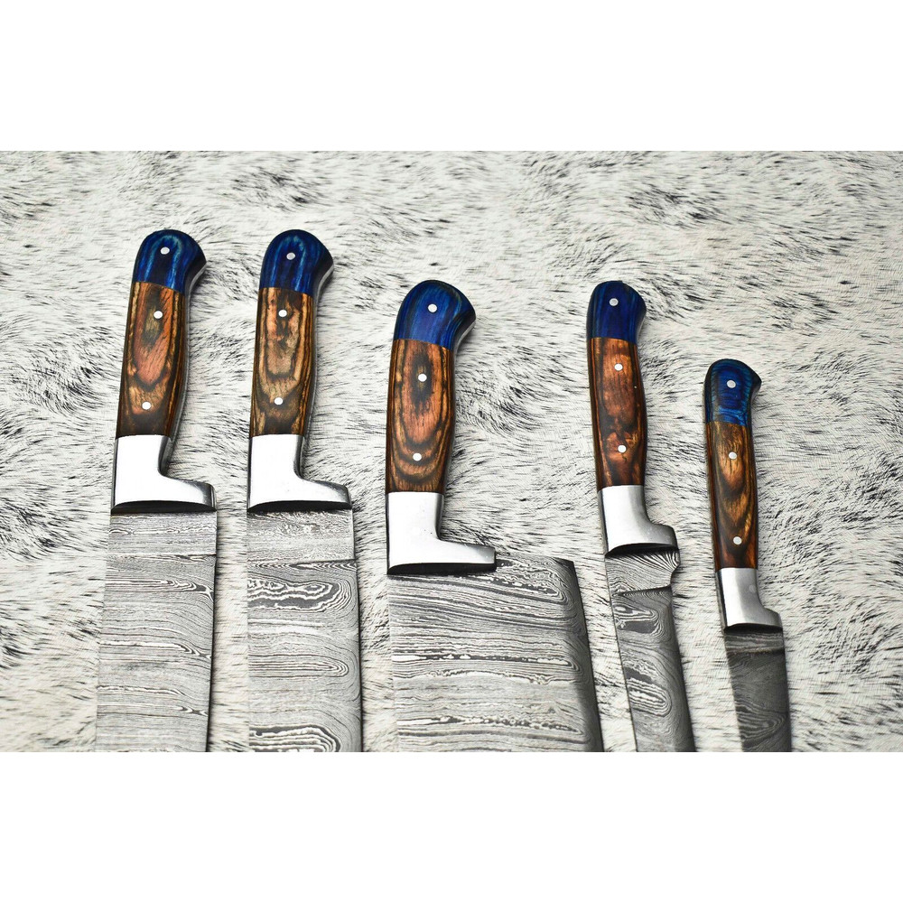 Lot Of 5 Handmade Damascus Steel Chef Knife Set Professional Handmade Kitchen Knives With Leather