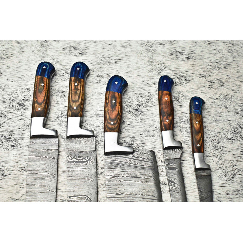 Lot Of 5 Handmade Damascus Steel Chef Knife Set Professional Handmade Kitchen Knives With Leather