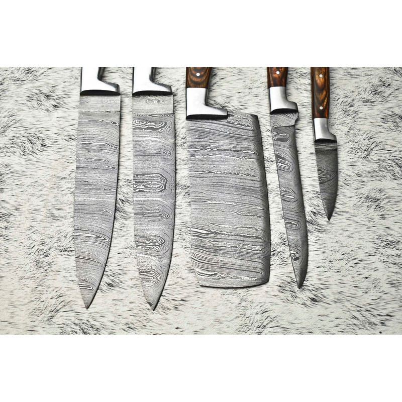 Lot Of 5 Handmade Damascus Steel Chef Knife Set Professional Handmade Kitchen Knives With Leather
