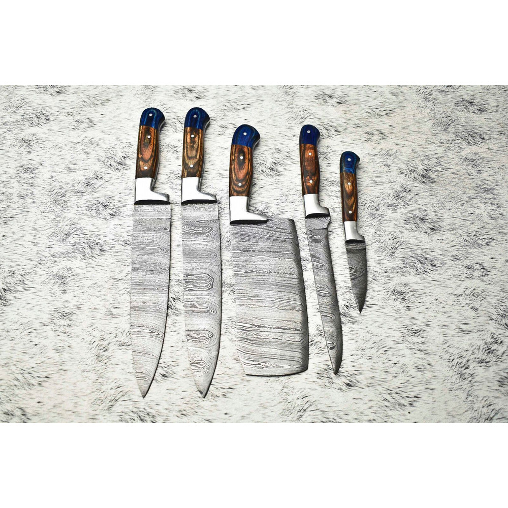 Lot Of 5 Handmade Damascus Steel Chef Knife Set Professional Handmade Kitchen Knives With Leather