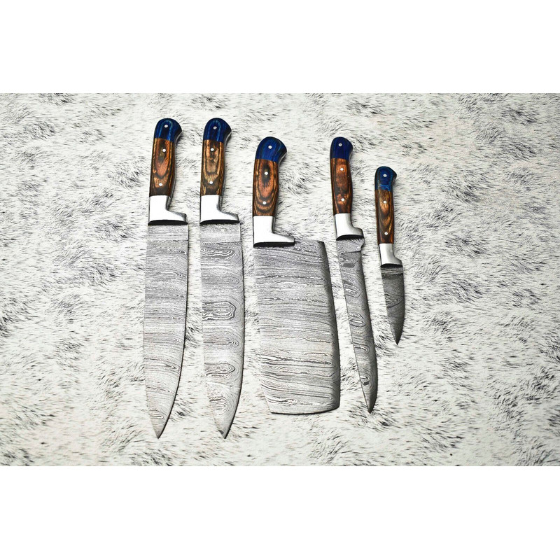 Lot Of 5 Handmade Damascus Steel Chef Knife Set Professional Handmade Kitchen Knives With Leather