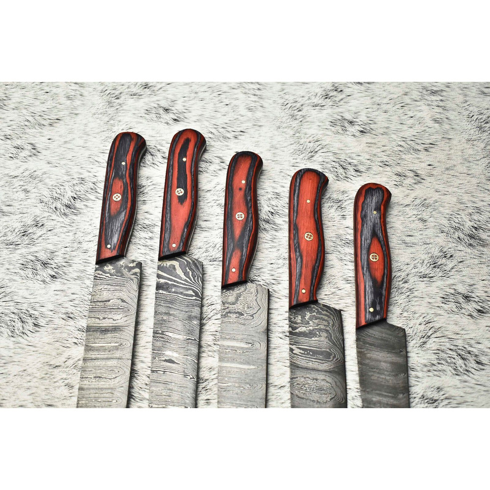 Custom 5Piece Damascus Steel Chef Knife Collection Handmade Blades 1