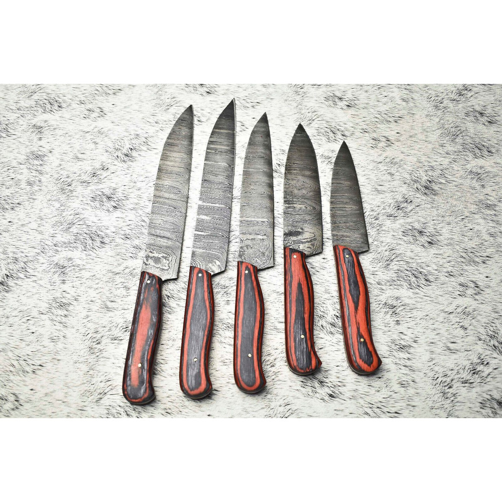 Custom 5Piece Damascus Steel Chef Knife Collection Handmade Blades 0