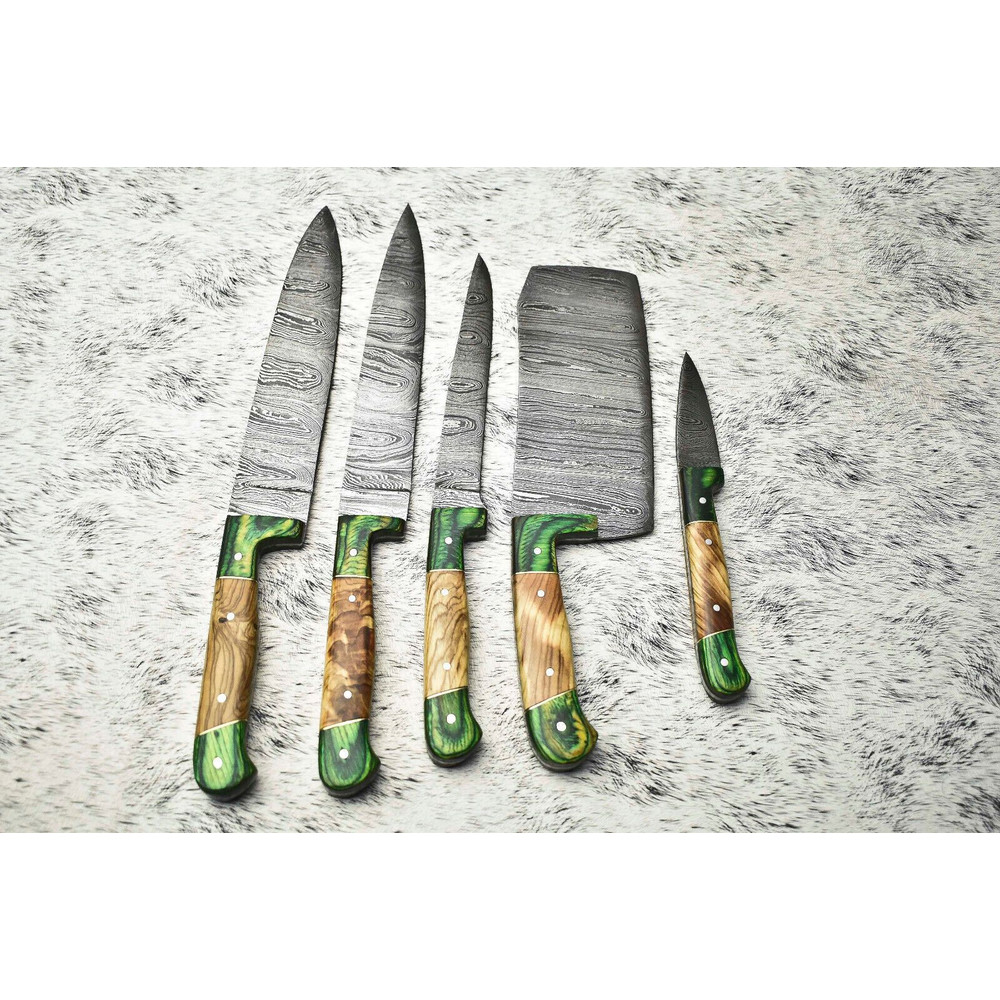 HandForged Lot Of 5 Damascus Steel Chef Knife Set Custom Handmade Kitchen Knives With Leather Shea