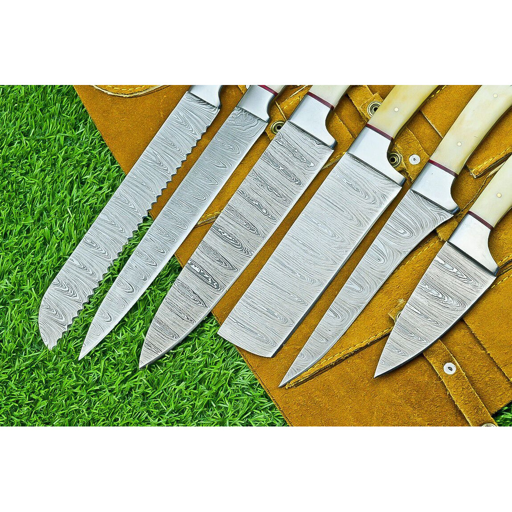 6 PCS Handmade Damascus Steel Chef Knife Set Professional Kitchen Knives With Leather Roll Sheath 1