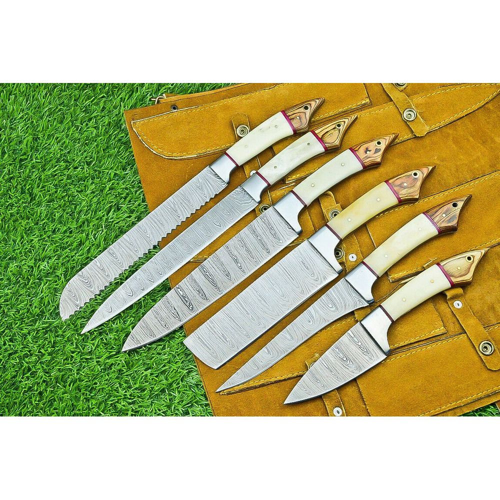 6 PCS Handmade Damascus Steel Chef Knife Set Professional Kitchen Knives With Leather Roll Sheath 2