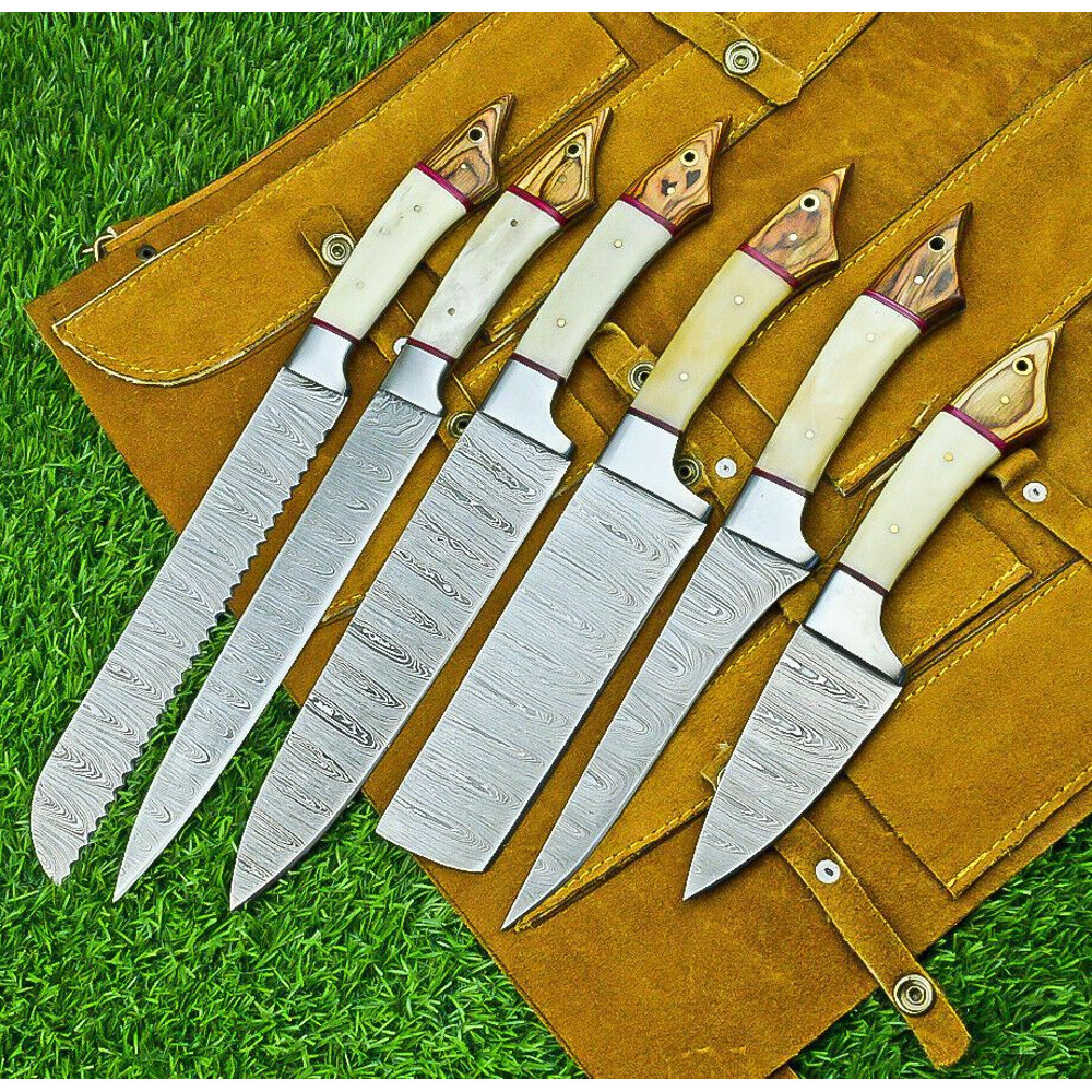 6 PCS Handmade Damascus Steel Chef Knife Set Professional Kitchen Knives With Leather Roll Sheath 0
