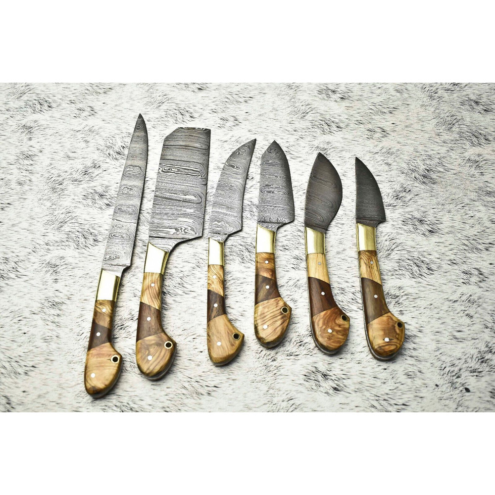 6 PCS Handmade Damascus Steel Chef Knife Set Professional Kitchen Knives With Leather Sheath 1