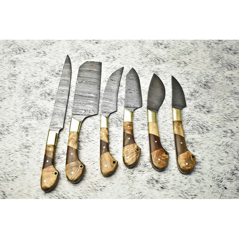 6 PCS Handmade Damascus Steel Chef Knife Set Professional Kitchen Knives With Leather Sheath 1