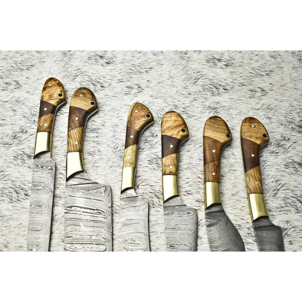 6 PCS Handmade Damascus Steel Chef Knife Set Professional Kitchen Knives With Leather Sheath 2