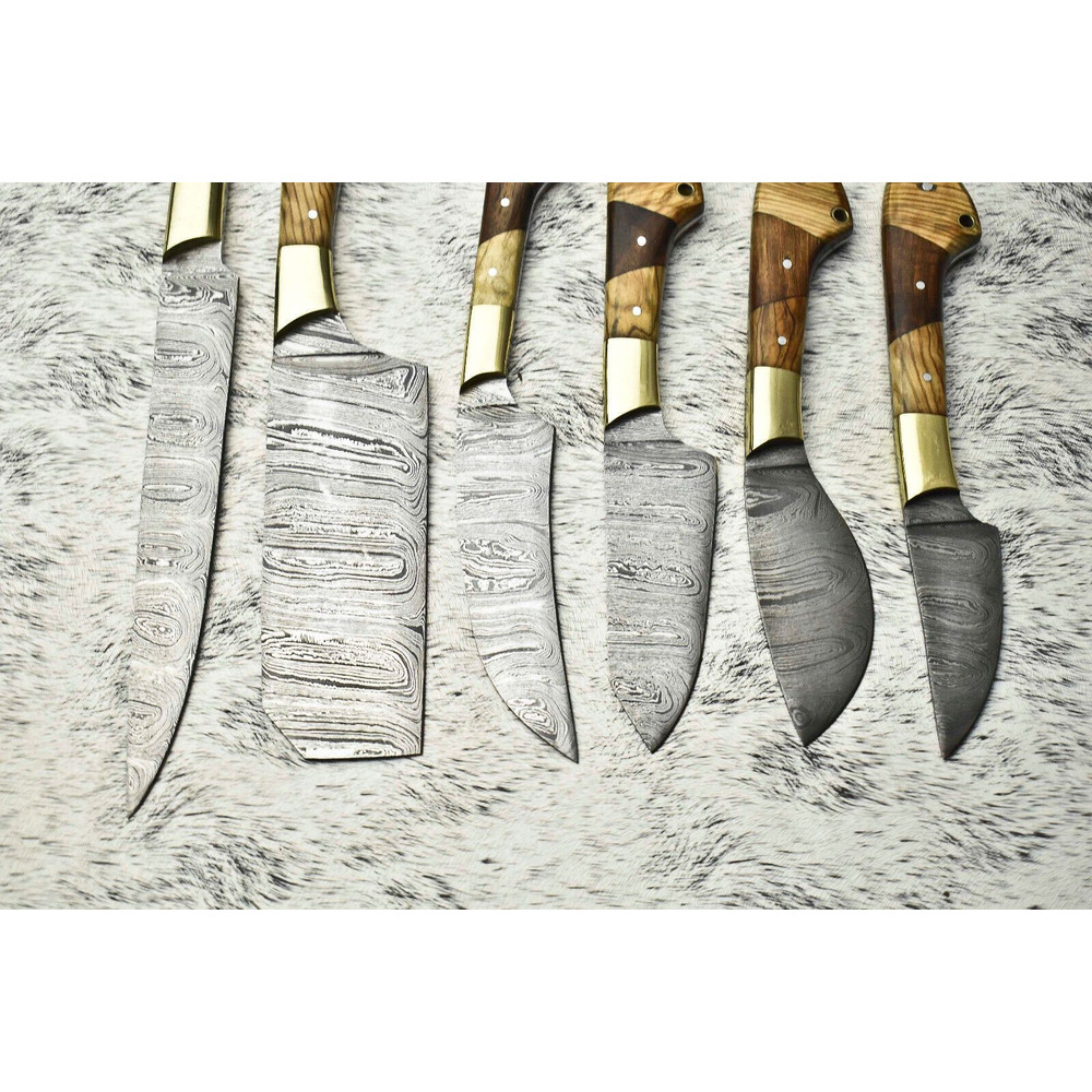 6 PCS Handmade Damascus Steel Chef Knife Set Professional Kitchen Knives With Leather Sheath 3