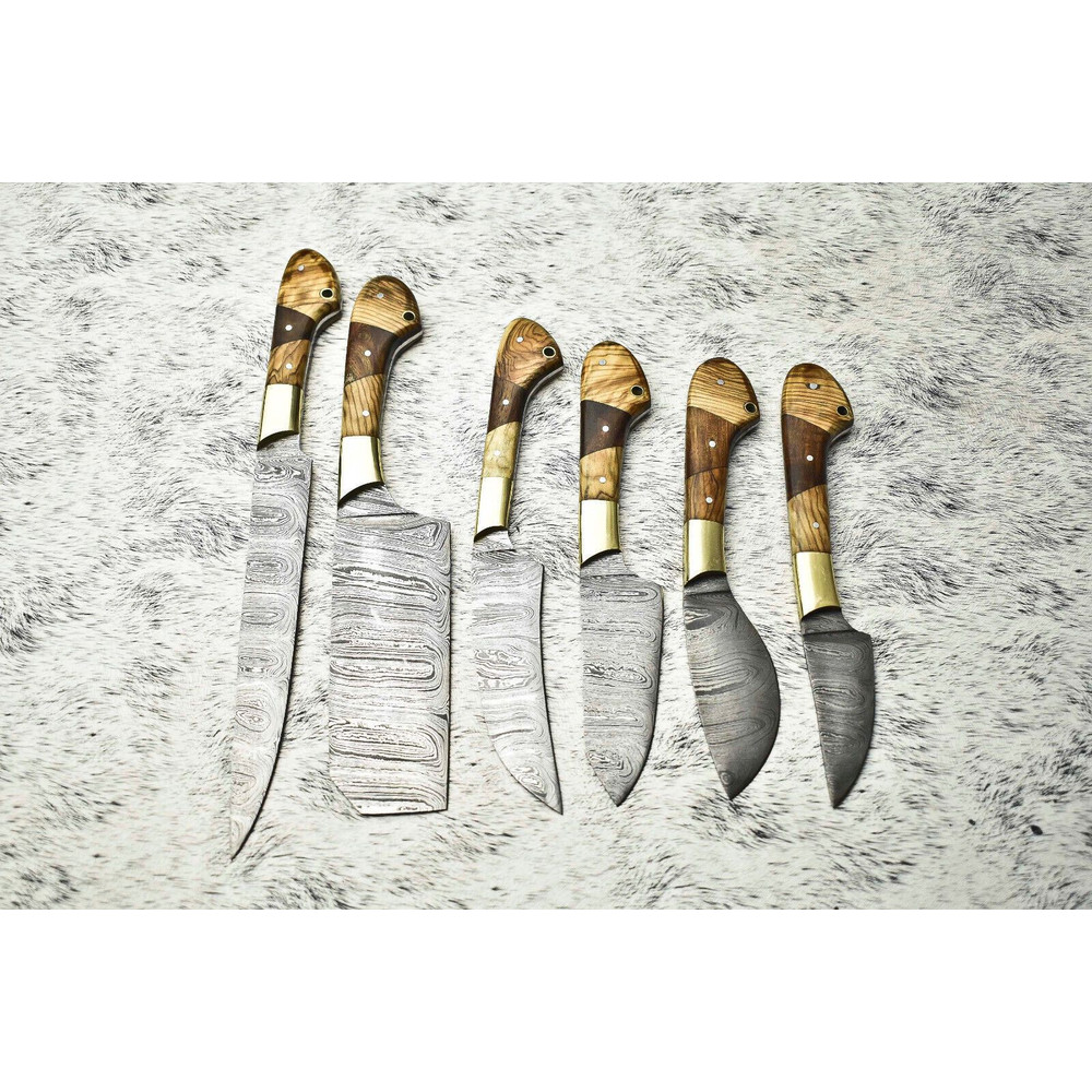 6 PCS Handmade Damascus Steel Chef Knife Set Professional Kitchen Knives With Leather Sheath 0