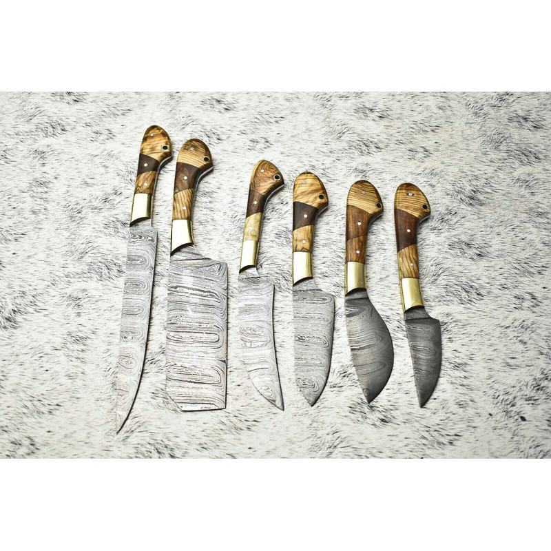 6 PCS Handmade Damascus Steel Chef Knife Set Professional Kitchen Knives With Leather Sheath 0