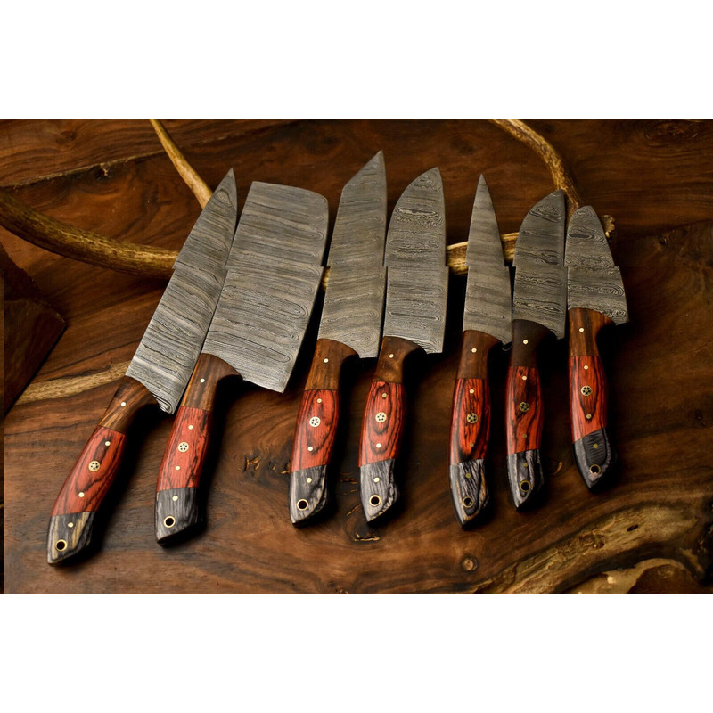 Lot Of 7 Handmade Damascus Steel Chef Knife Set Custom Full Tang Professional Kitchen Knives 1