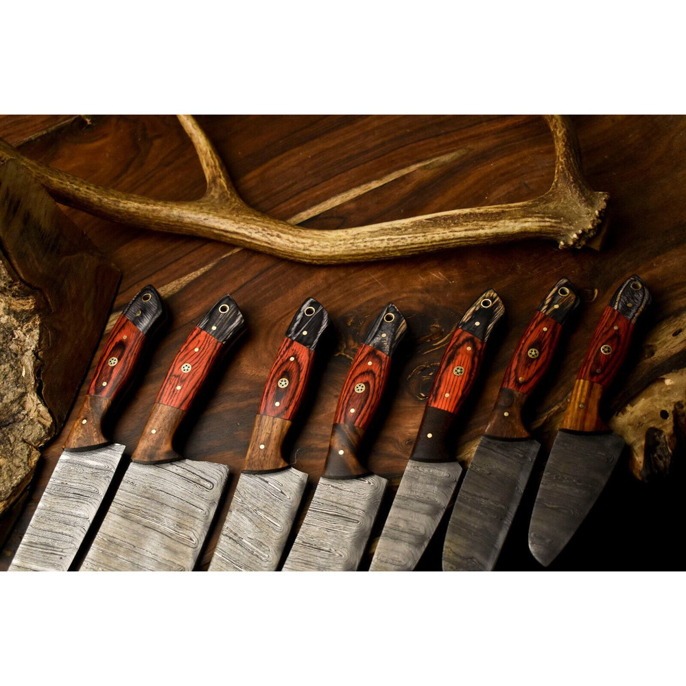 Lot Of 7 Handmade Damascus Steel Chef Knife Set Custom Full Tang Professional Kitchen Knives 2