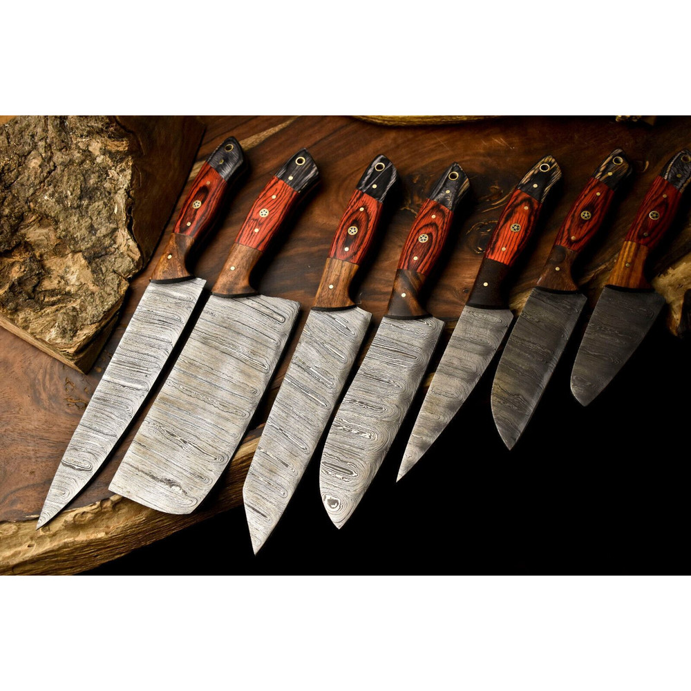 Lot Of 7 Handmade Damascus Steel Chef Knife Set Custom Full Tang Professional Kitchen Knives 3