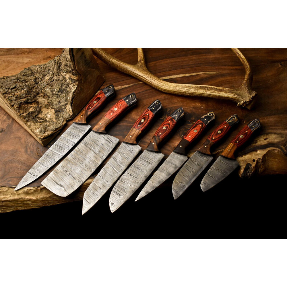 Lot Of 7 Handmade Damascus Steel Chef Knife Set Custom Full Tang Professional Kitchen Knives 0