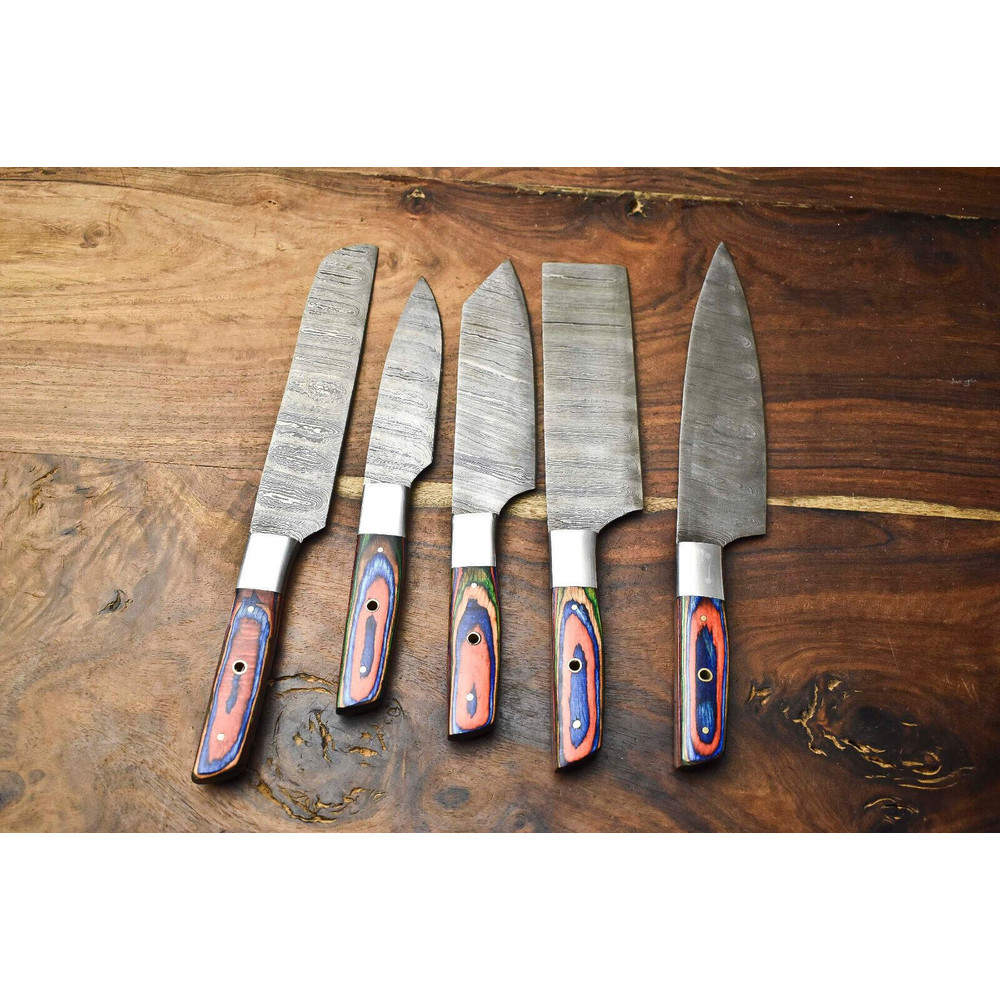 Custom Lot Of 5 Handmade Hammered Damascus Steel Chef Knives Set Professional Kitchen Knife Collec 1