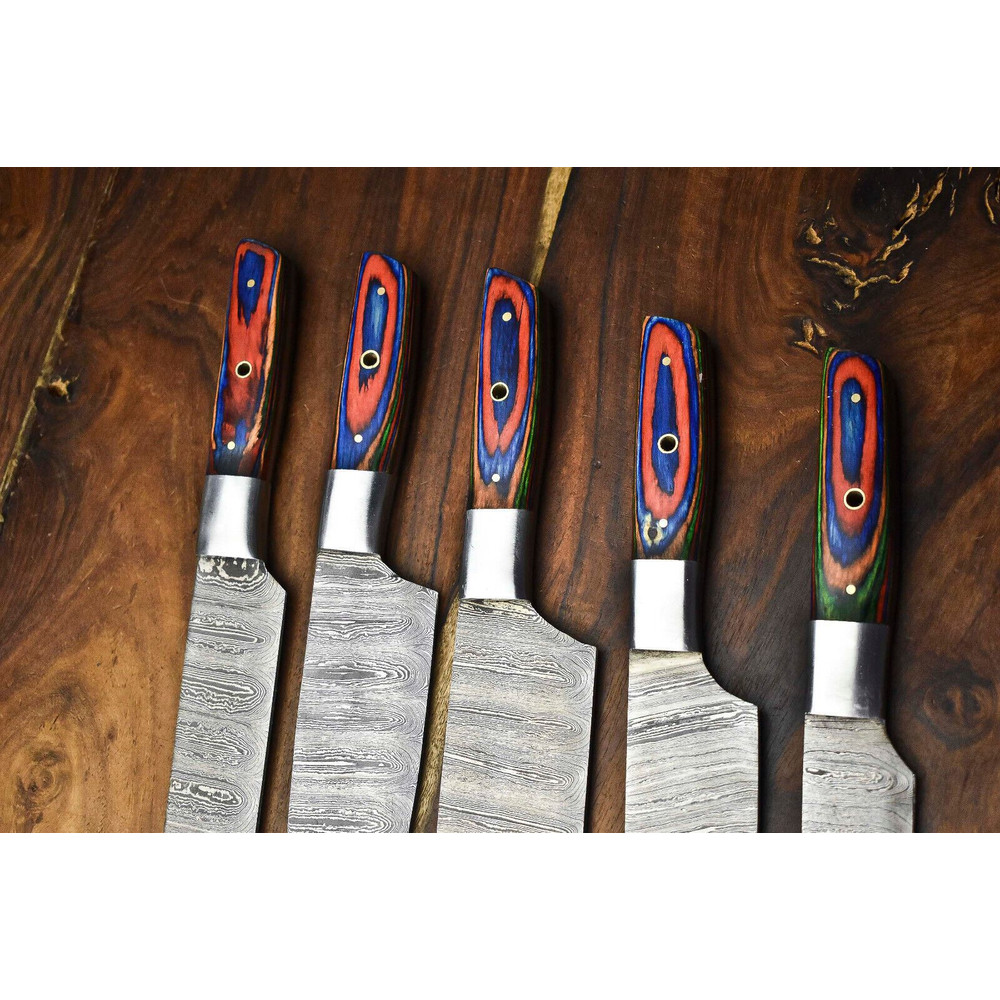 Custom Lot Of 5 Handmade Hammered Damascus Steel Chef Knives Set Professional Kitchen Knife Collec 2