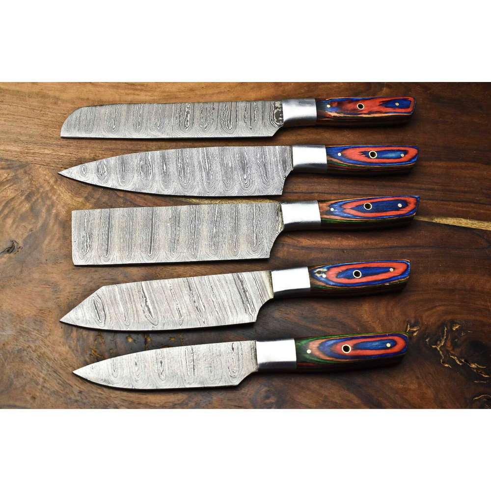 Custom Lot Of 5 Handmade Hammered Damascus Steel Chef Knives Set Professional Kitchen Knife Collec 0