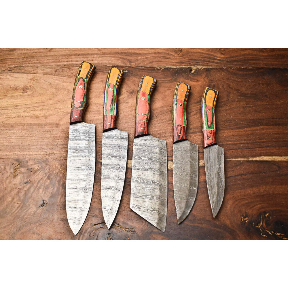 Handmade Damascus Steel Chef Knives Set Hammered Full Tang Kitchen Knife Collection 0