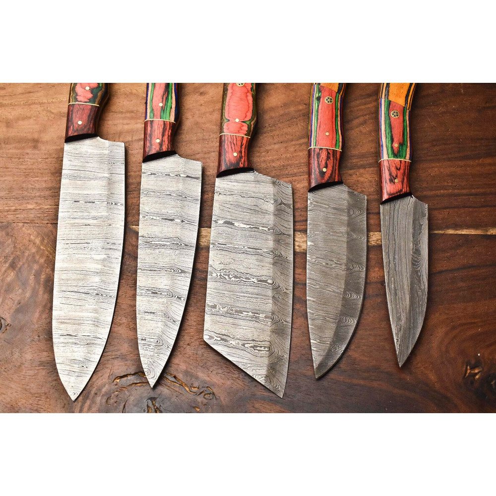Handmade Damascus Steel Chef Knives Set Hammered Full Tang Kitchen Knife Collection 3