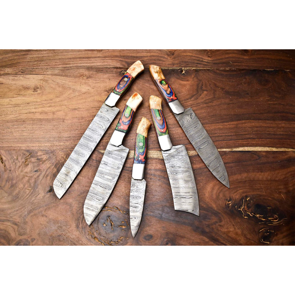 Custom Damascus Steel Chef Knife Set Handmade 5Piece Hammered Kitchen Knives Collection 0