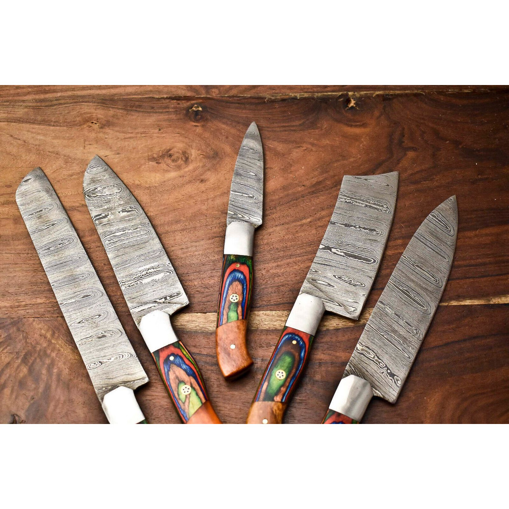 Custom Damascus Steel Chef Knife Set Handmade 5Piece Hammered Kitchen Knives Collection 1