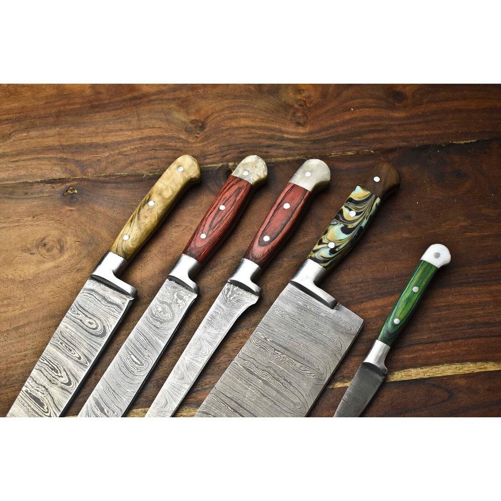 Lot Of 5 Professional Handmade Damascus Chef Knives Full Tang Hammered Steel Blades 2