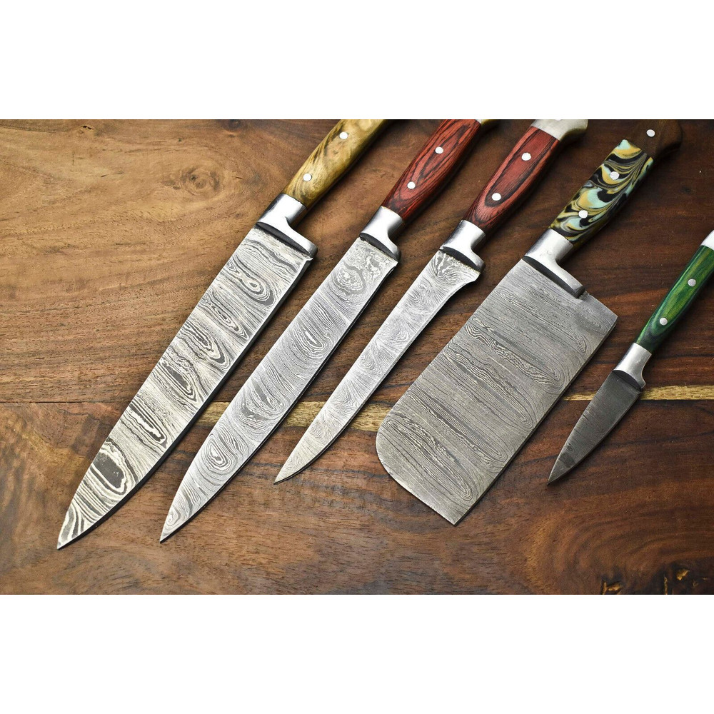 Lot Of 5 Professional Handmade Damascus Chef Knives Full Tang Hammered Steel Blades 3