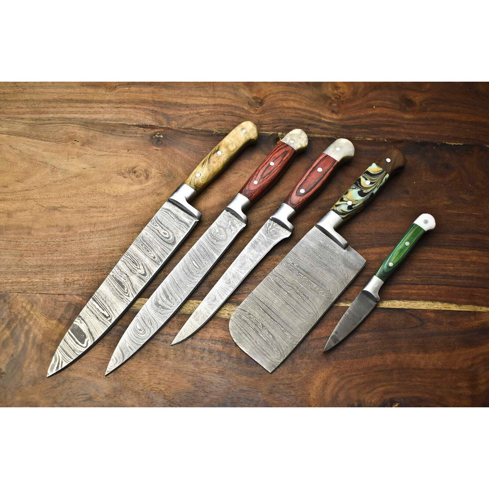 Lot Of 5 Professional Handmade Damascus Chef Knives Full Tang Hammered Steel Blades 0