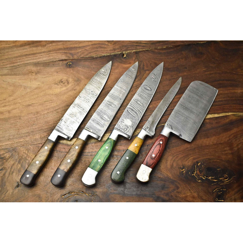 Hand Forged Damascus Steel Chef Knives Set Of 5 Handmade Hammered Kitchen Cutlery 0