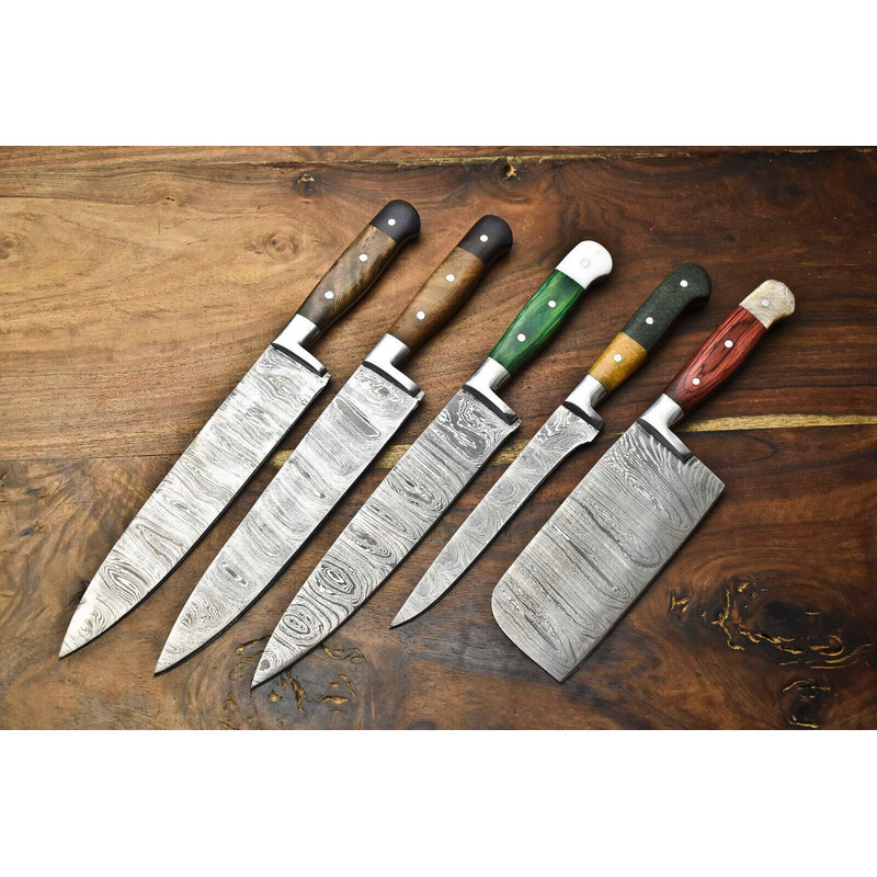 Hand Forged Damascus Steel Chef Knives Set Of 5 Handmade Hammered Kitchen Cutlery 3