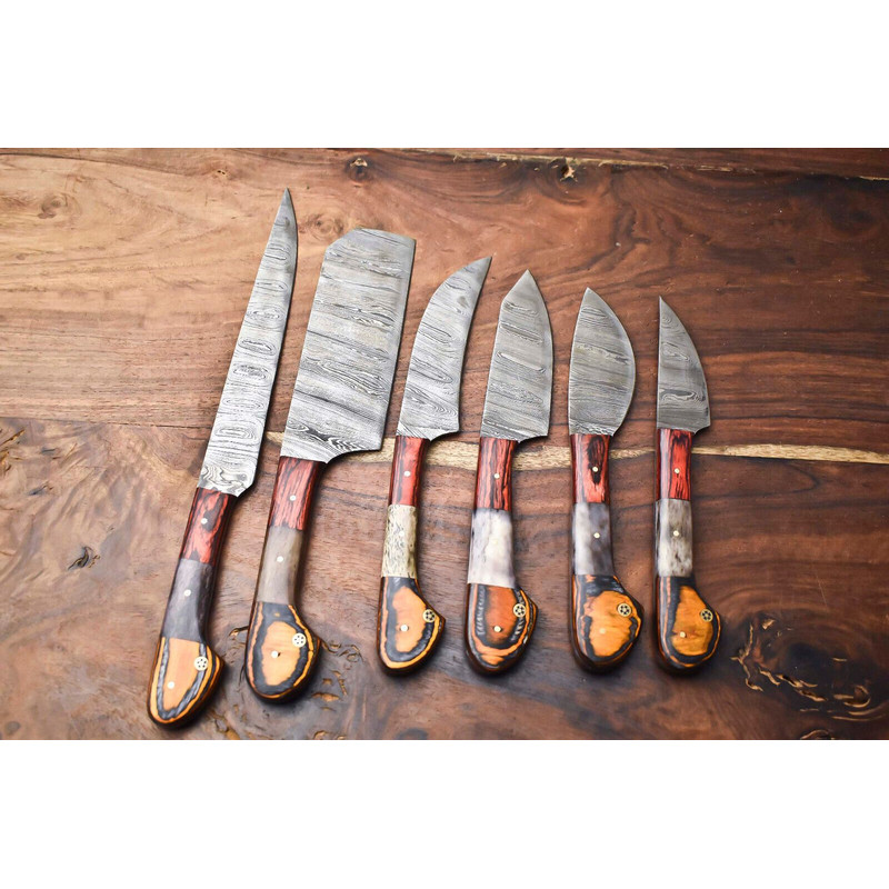 Professional 6Piece Damascus Steel Chef Knives Handmade Hammered Kitchen Knife Collection 1