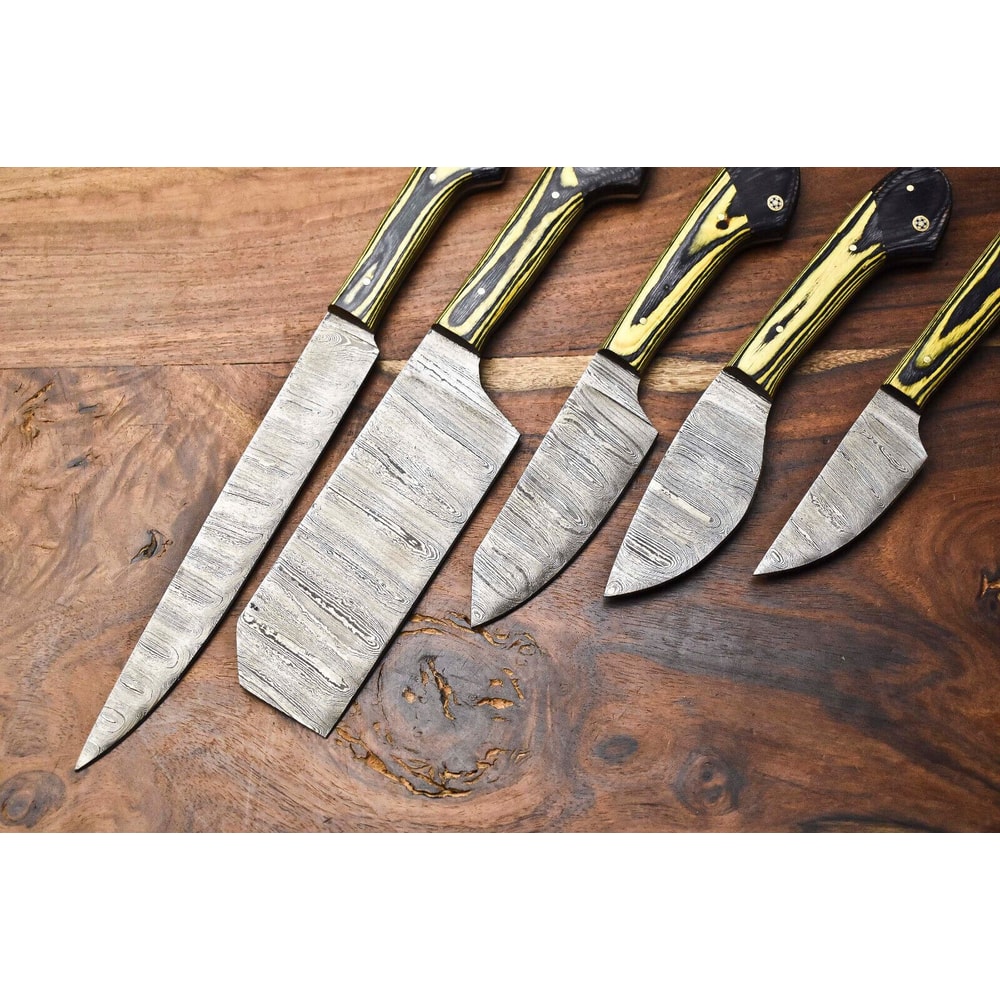 Professional 5Piece Damascus Chef Knives Set Handmade Hammered Steel Blades 3