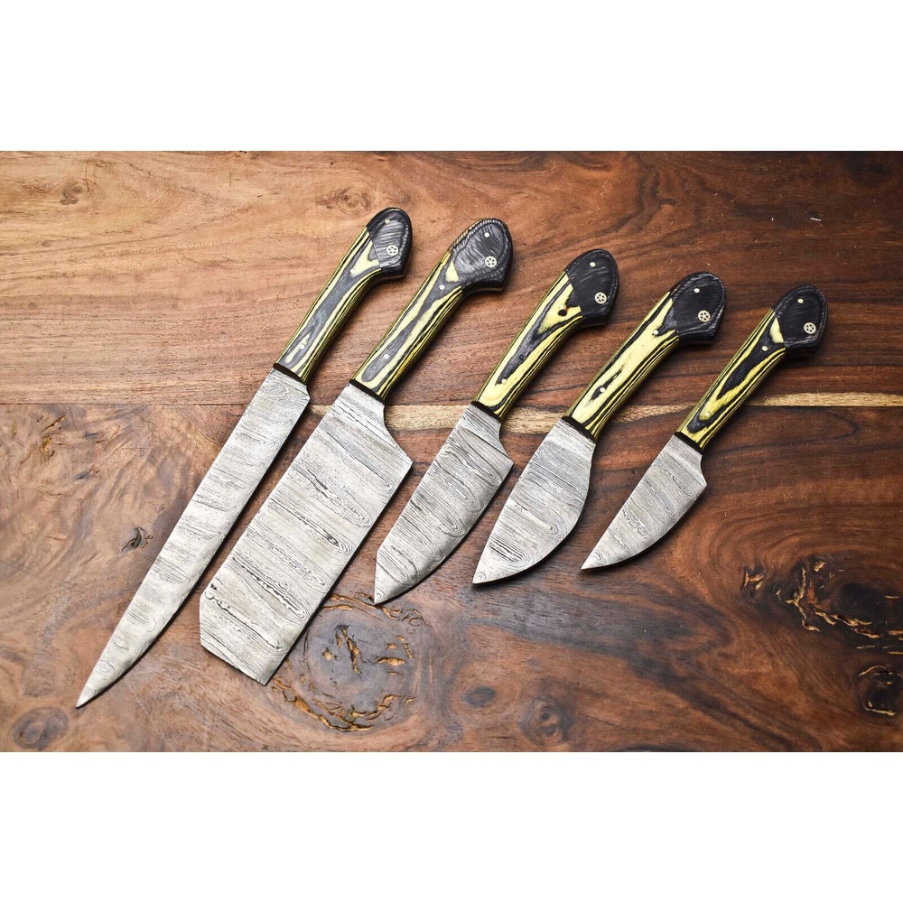 Professional 5Piece Damascus Chef Knives Set Handmade Hammered Steel Blades 0