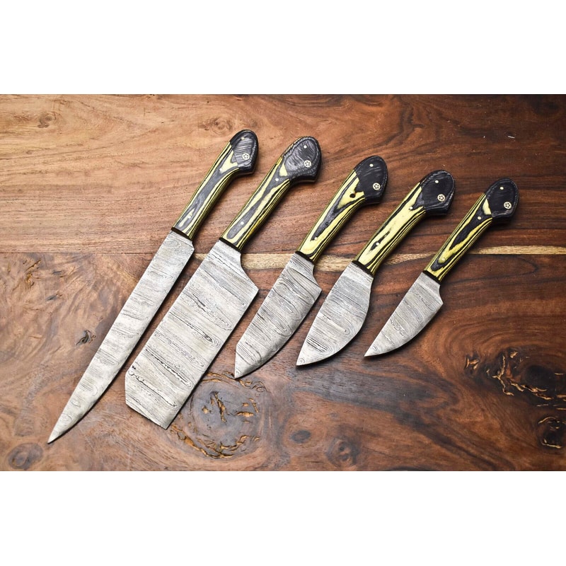 Professional 5Piece Damascus Chef Knives Set Handmade Hammered Steel Blades 0
