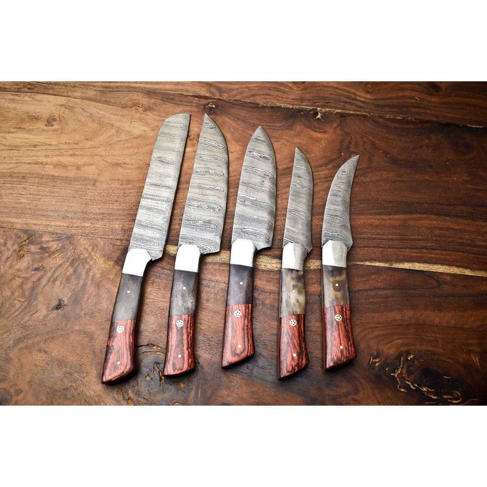 Custom Handmade Hammered Damascus Steel Chef Knife Set Lot Of 5 Kitchen Tools 1