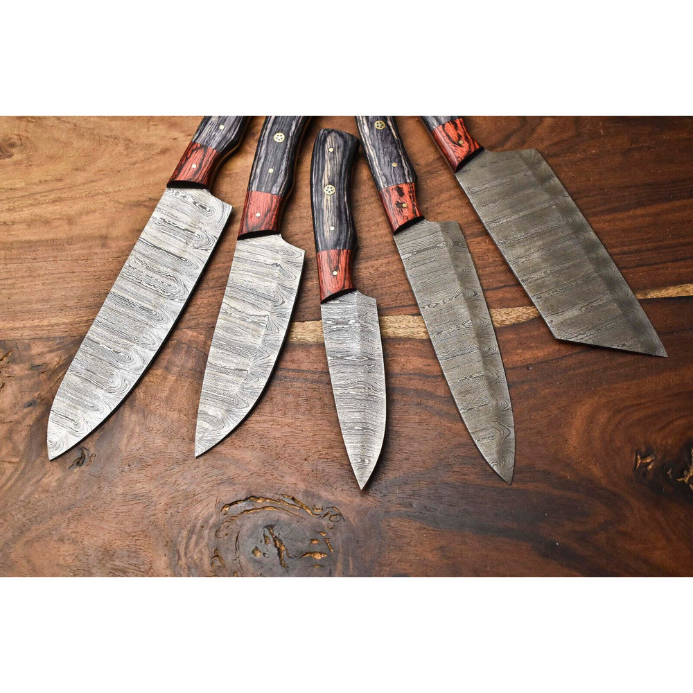 Handcrafted Damascus Steel Chef Knives Lot Of 5 Hammered Kitchen Cutlery Set 3