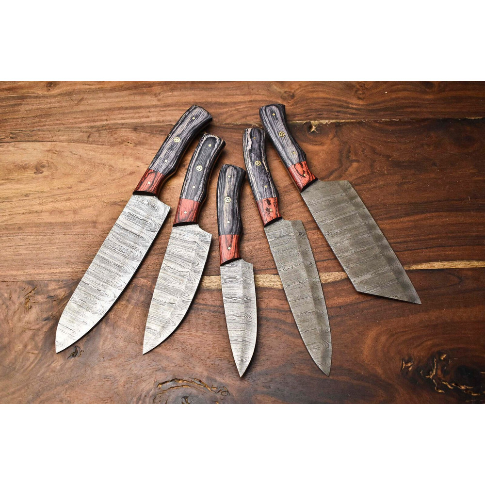 Handcrafted Damascus Steel Chef Knives Lot Of 5 Hammered Kitchen Cutlery Set 0